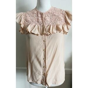 Rebecca Taylor • Light Pink Lace Ruffle Silk Top
